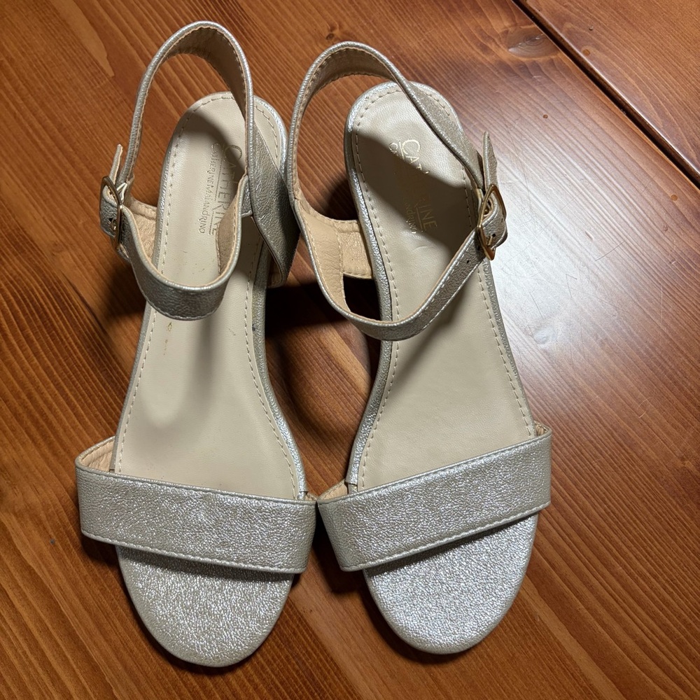 Catherine Malandrino Women’s 7.5 Wedge Dress Sandal NWT Gold (look silver)